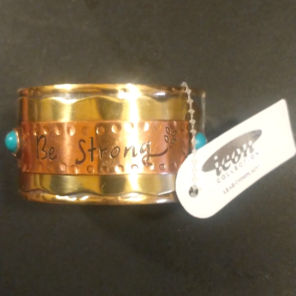 ICON Oversized Cuff Bracelet Metallic tooled metals w/ beaded accents BE STRONG! - Picture 2 of 9